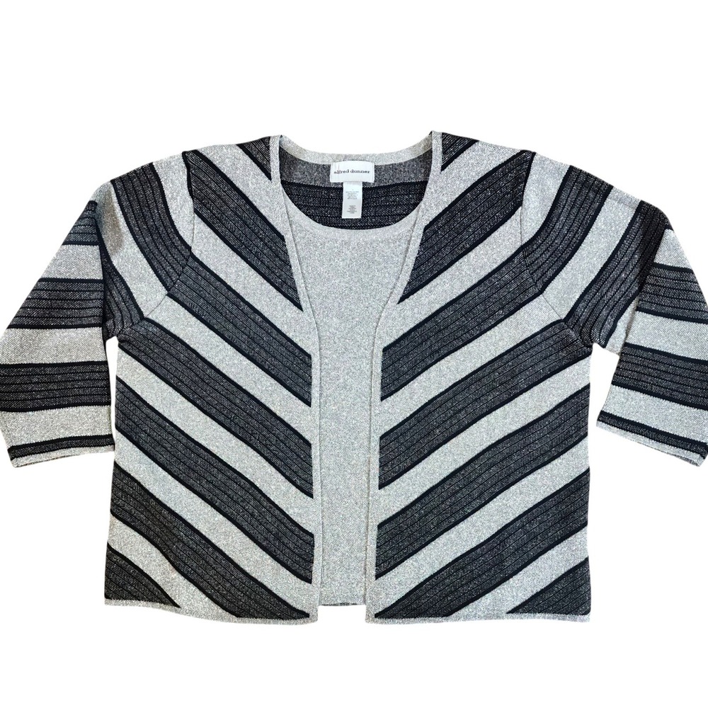 Alfred Dunner Size L Striped Holiday Sparkle 3/4 Sleeve Open Front Cardigan Top